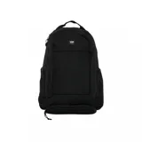 Mochila Vans negra con múltiples compartimentos y logo de la marca en el frente.