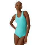 Malla enteriza de natación color celeste con logo de Fila estampado en el pecho.