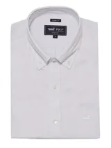 Camisa de hombre RKF Cityscape, de manga larga, corte regular y cuello americano abotonado. Diseño a cuadros pequeños en tonos blanco y celeste.