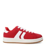 Championes urbanos color beige con detalles en blanco y suela marrón.