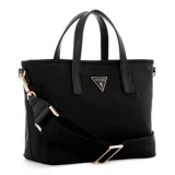 Cartera tote negra Guess Eco Gemma con doble asa corta, correa larga extraíble y logo triangular dorado en el frente.