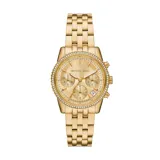 Reloj Michael Kors modelo Bryant, con caja y pulsera de acero inoxidable dorado, esfera dorada con efecto sunray, cristal mineral resistente, subesferas tipo cronógrafo y movimiento de cuarzo.