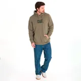 Buzo canguro verde oliva con capucha ajustable y cordones, bolsillo frontal y logo CAT estampado en blanco en el pecho.