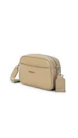 Bandolera gris con correa de galón a tono larga y regulable, cierre central, bolsillo frontal, bolsillos internos y bolsillo posterior.