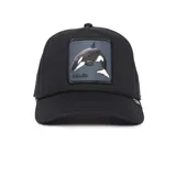 Gorra de camionero negra con parche bordado de una orca y la palabra "Killer" en el frente.