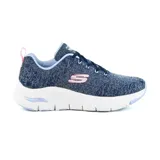 Zapatilla deportiva Skechers Arch Fit - Comfy Wave, color azul con detalles en rosa y celeste. Capellada de malla knit, cordones elásticos y plantilla Arch Fit con soporte en el arco plantar certificado por podólogos.