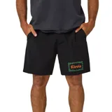 Boardshort negro con estampado en la pierna izquierda que incluye el texto "Rivvia" en naranja y un marco de flores verdes.