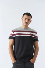 Remera de hombre a rayas horizontales en gris, borgoña, blanco y negro, con logo bordado en el pecho.