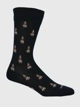 Calcetín formal de largo medio, color azul marino, con estampado repetitivo de la cabeza de un perro Basset Hound en tonos marrón y blanco.