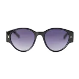 Lentes de sol negros con forma ovalada y detalles dorados en el marco.