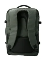 Mochila RKF unisex de poliéster reciclado repelente al agua, color gris. Cuenta con tres compartimentos independientes con cierre, compartimento para laptop de 15 pulgadas, triple bolsillo frontal con cierre, mango lateral, correas ajustables, almohadillas en la espalda, pasador para maleta y broches laterales.