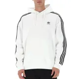 Hoodie (canguro) Adidas Originals blanco con capucha ajustable y bolsillo canguro frontal. Presenta el logo del trébol bordado en el pecho y las icónicas tres franjas negras a lo largo de las mangas.