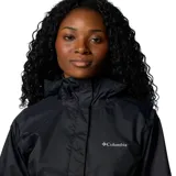 Campera impermeable Columbia Arcadia II para mujer, color negro, con capucha ajustable, bolsillos con cremallera y dobladillo ajustable con cordón. Se puede guardar en el bolsillo.