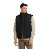Chaleco negro con cuello alto, cierre frontal con botones a presión y múltiples bolsillos con solapa.