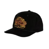 Gorro negro de pana con bordado frontal de un motel con la leyenda "Rhythm Motel", "Check In Tune Out" y "No Monkey Business".