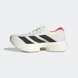 Championes de running Adidas Adizero Adios Pro 4, color blanco con detalles en negro, amarillo y rojo.