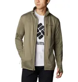 Campera polar Columbia Park View Fleece, color azul jaspeado, con cierre frontal completo, cuello alto, bolsillos laterales con cierre y bolsillo en el pecho con cierre vertical en color verde lima. Cuenta con tecnología Omni-Wick, puños elásticos con orificios para pulgares y protector de barbilla.