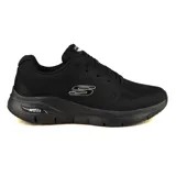 Championes deportivos Skechers Arch Fit Charge Back, color negro, con capellada de malla knit y superposiciones sintéticas, cordones, plantilla Arch Fit removible con soporte en el arco plantar y media suela con amortiguación.