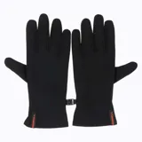 Guantes negros de microfleece con ajuste en la muñeca y logo de la marca en color naranja.