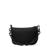 Bandolera negra de tela con correa ajustable y logo de la marca en la parte inferior.