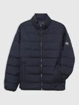 Campera acolchada color negro con cremallera frontal, cuello alto y puños elásticos.