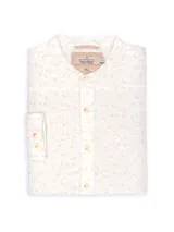 Camisa de lino estampada con cuello mao, corte regular fit y presilla en las mangas para remangar.