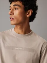 Remera color beige de corte recto, con cuello redondo y mangas cortas. Presenta un logo de Calvin Klein en el pecho.