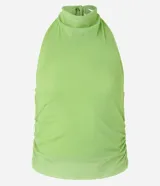 Musculosa verde lima de tule, con escote drapeado y lazo en el cuello.