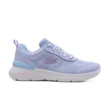 Championes deportivos Skechers Skech Air Dynamight 2.0, color lila con detalles en celeste y rosa. Capellada de malla con superposiciones sintéticas, plantilla Memory Foam y entresuela Skech-Air con cámara de aire visible.