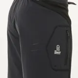 Bermuda de baño negra con cintura gris, cordón ajustable y logo de la marca estampado en la pierna.