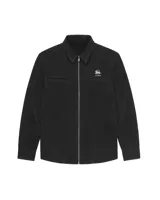 Camisa de denim negro con cierre frontal de alpaca, cuello en cuero vacuno, cortes curvos y simétricos, bolsillos delanteros y bordado del logo Temblad.