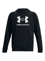 Buzo Under Armour con capucha, color celeste, con logo estampado en blanco en el pecho y bolsillo tipo canguro.
