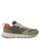 Championes urbanos Merrell Alpine 83 Sneaker, color verde oliva con detalles en naranja, beige y gris.