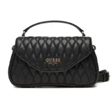 Cartera Guess modelo Valla, color negro, con diseño acolchado en forma de rombos. Presenta solapa frontal con cierre magnético y logo metálico dorado. Incluye asa superior corta y correa ajustable y desmontable para llevar al hombro o cruzada.