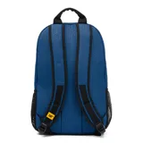 Mochila azul con estampado geométrico, logo de la marca en el frente, tirantes ajustables de malla elástica, bolsillo portaobjetos y ranuras para bolígrafos en el compartimento principal, compartimento trasero con bolsillo acolchado para portátil y cierre de cremallera.