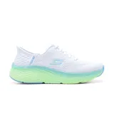 Championes deportivos Skechers Slip-ins: Max Cushioning Elite 2.0, color blanco con detalles en celeste y verde. Cuentan con tecnología Skechers Air Cooled Memory Foam, suela Max Cushioning y entresuela Natural Rocker.