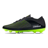 Championes de fútbol Under Armour Magnetico Pro 4 FG, color gris oscuro con detalles en negro y verde flúor. Presentan el logo de Under Armour en blanco en el lateral y suela con tapones para césped natural.