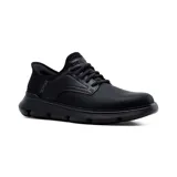 Zapato casual Skechers Hands Free Slip-ins Garza Gervin para hombre, color negro. Diseño Oxford TOUCHLESS FIT con capellada de cuero liso, cordones elásticos, panel moldeado Skechers Slip-ins en el talón, plantilla Skechers Air-Cooled Memory Foam con infusión de carbón y amortiguación Skechers Goga Mat Arch para mejorar el apoyo.