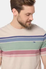 Remera de manga corta con diseño a rayas horizontales en tonos azul, verde, beige y rosa.