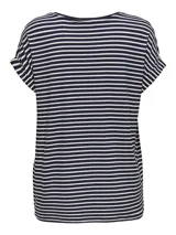 Camiseta Only de manga corta con cuello redondo y estampado a rayas horizontales en azul marino y blanco.