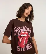 Remera marrón de algodón con estampa frontal de la lengua de los Rolling Stones en rosa y rojo.