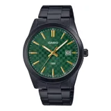 Reloj CASIO con caja y correa de acero inoxidable color negro, esfera verde con diseño cuadriculado, agujas y marcadores dorados, indicador de fecha y cristal mineral.