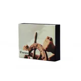 Billetera combinada en nobuck azul y cuero marrón, con presilla de cierre.