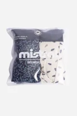 Pack de dos bóxers estampados, uno con diseño geométrico en tonos marrones y cintura elástica negra, y otro con estampado floral en tonos azules y cintura elástica gris.