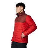 Campera puffer Columbia Powder Lite II para hombre, color rojo con canesú marrón. Cuenta con tecnología termorreflectiva Omni-Heat™ y tratamiento repelente al agua Omni-Shield™.