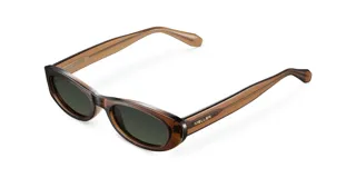 Lentes de sol unisex con montura ovalada marrón y lentes verdes polarizadas.