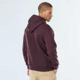 Buzo con capucha color borgoña, de corte clásico, con bolsillo tipo canguro y cordones ajustables.