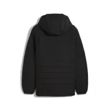 Campera puffer negra con capucha, cierre frontal y bolsillos laterales con cierre. Logo de Puma bordado en amarillo en el pecho izquierdo y escudo del Club Atlético Peñarol bordado en amarillo en el pecho derecho.