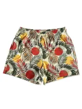 Short de baño blanco con estampado de hojas de palmera en tonos verde, rojo y amarillo.