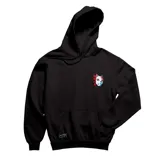 Canguro negro con capucha y bolsillo frontal, con estampado de máscara de zorro y texto en japonés.